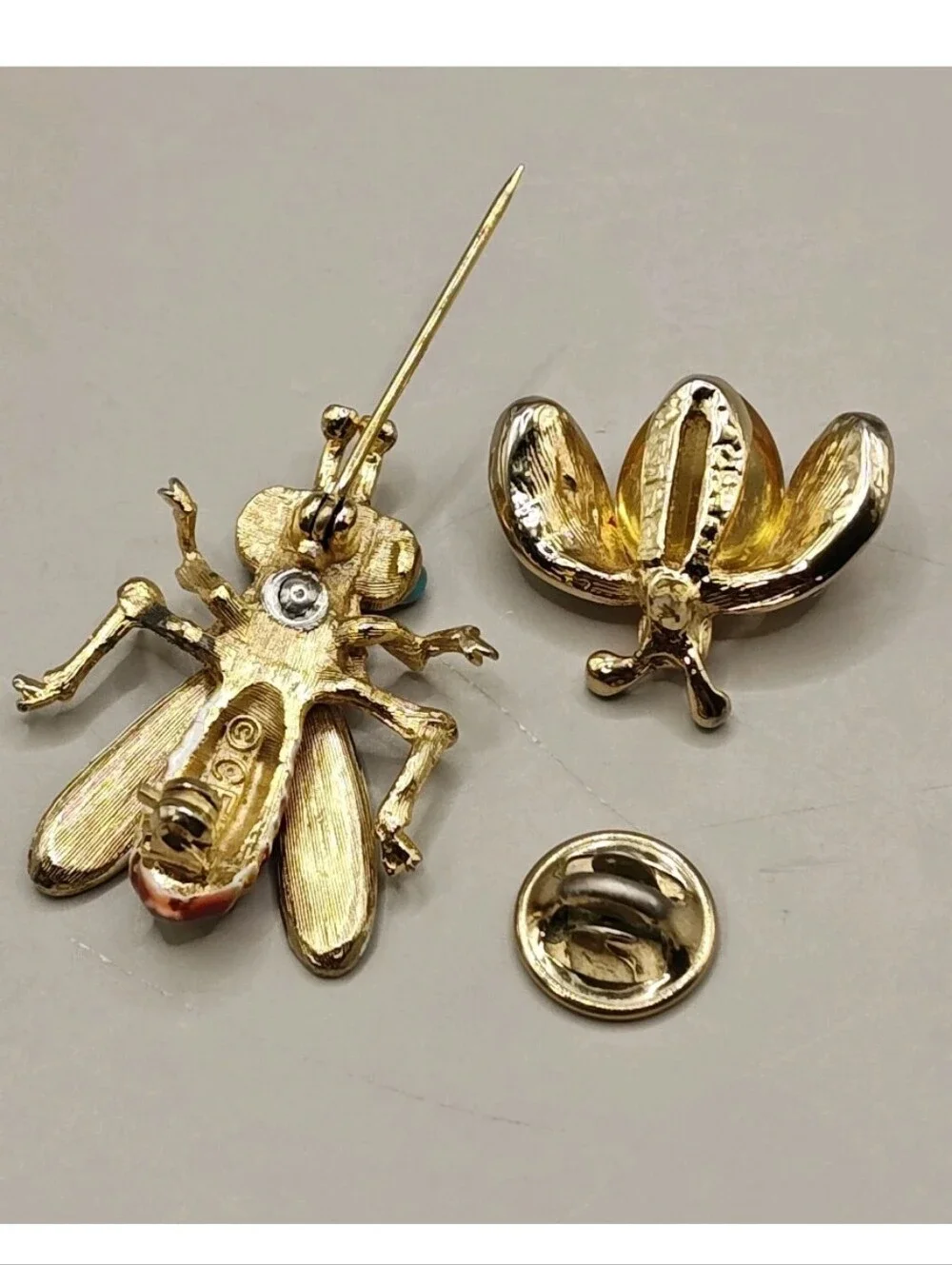 Vtg Bee Bug Flying Insects Enamel Brooch Glass Jelly Belly Lapel Pin Signed CFW